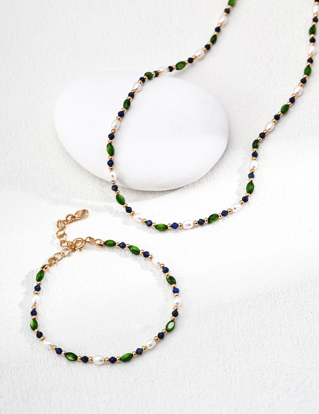 Vintage Rice Pearl Shell Olive Pearl Lapis Lazuli Necklace E0657-2