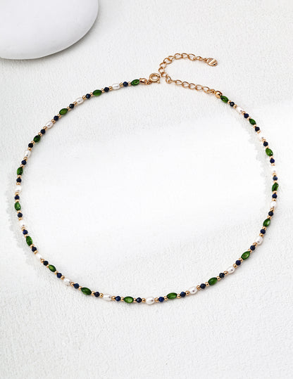 Vintage Rice Pearl Shell Olive Pearl Lapis Lazuli Necklace E0657-2