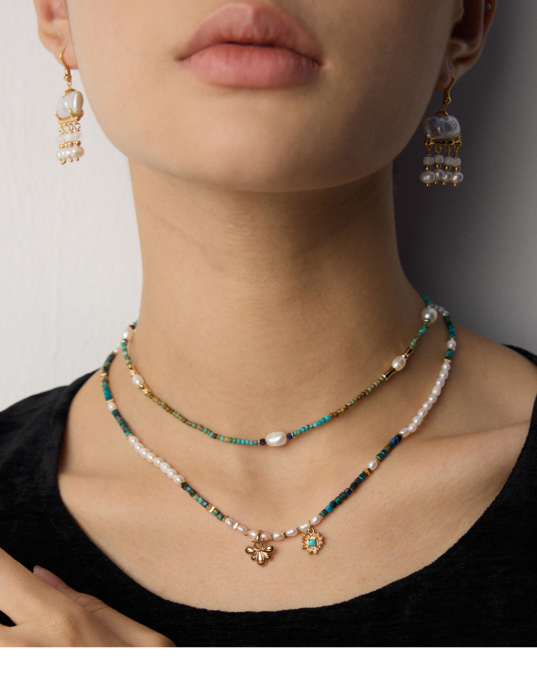 Vintage Design Natural Pearl Malachite Turquoise Necklace D0619-2