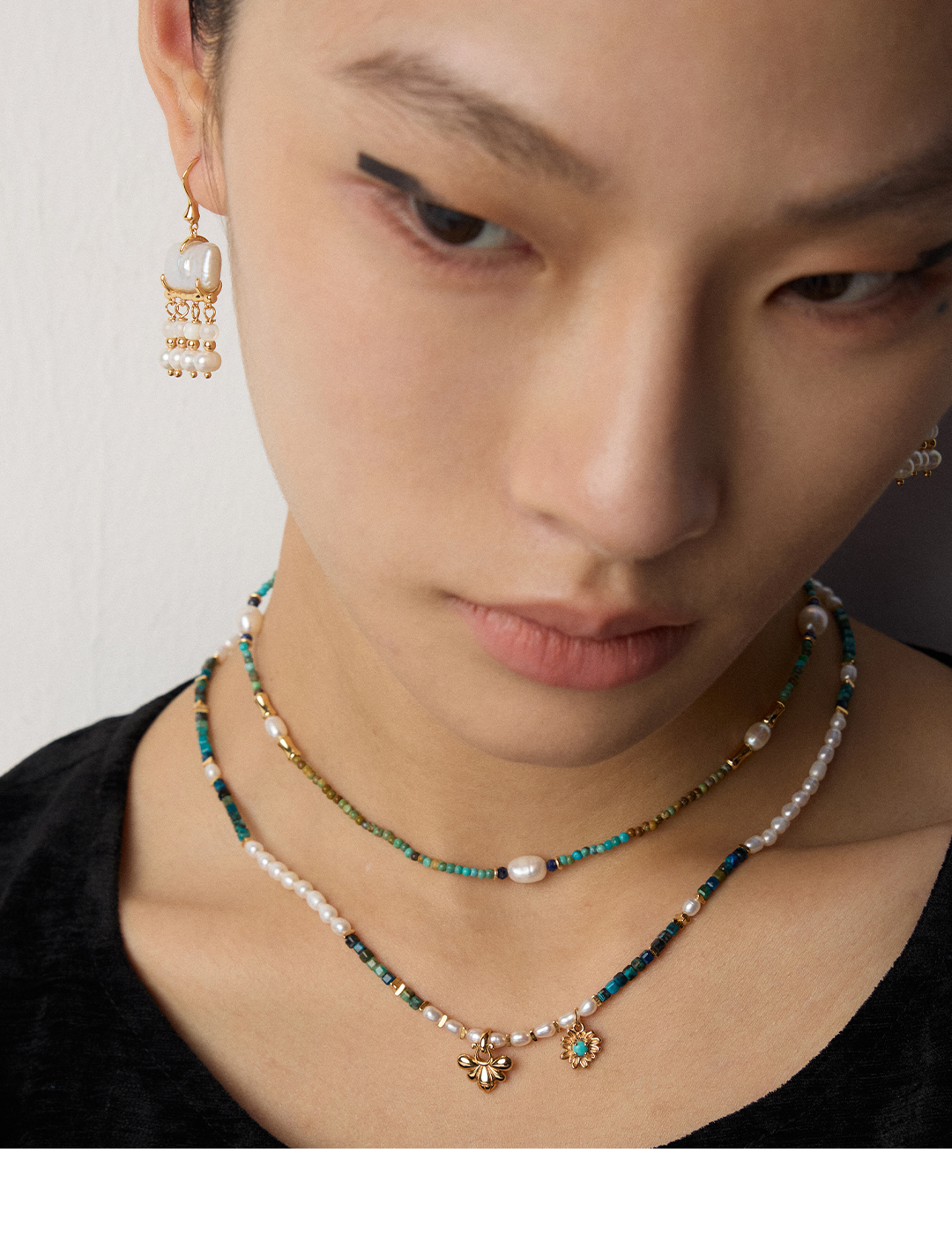 Vintage Design Natural Pearl Malachite Turquoise Necklace D0619-2